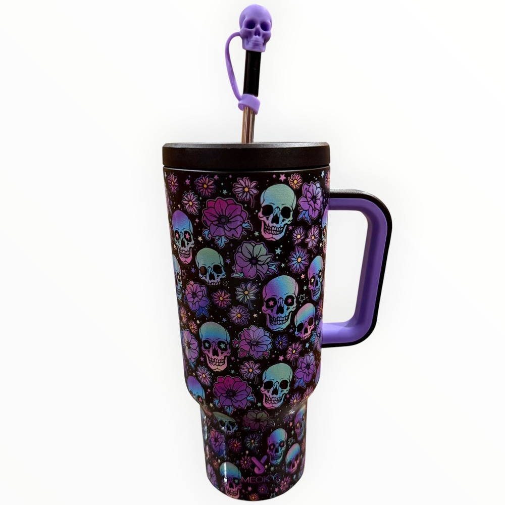 Meoky 40oz Tumbler Unisex 40oz Purple NIB Halloween Unbox the Skull Floral Straw